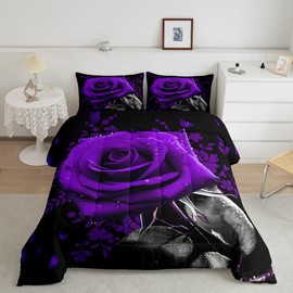Feelyou Valentine's Day Bedding Set King Size Purple Rose Comforter for Adult Floral Printed Comforter Set Romantic Theme Quilt Set 3Pcs
