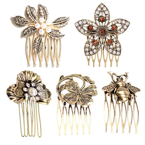 5 Pcs Vintage Hair Combs Alloy Hair Side Comb Clips Rhinestones Pearl Leaf Flower Honeybee Hair Comb Pin Clips Hair Accessories for Women and Girls