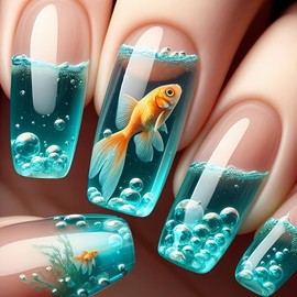 Summer Blue Ocean Press on Nails Medium Length Fake Nail with Goldfish Bubbles Designs Square False Nails Glossy Full Cover Stick on Nail French Tip Glue on Nail for Women Girls 24 Pcs