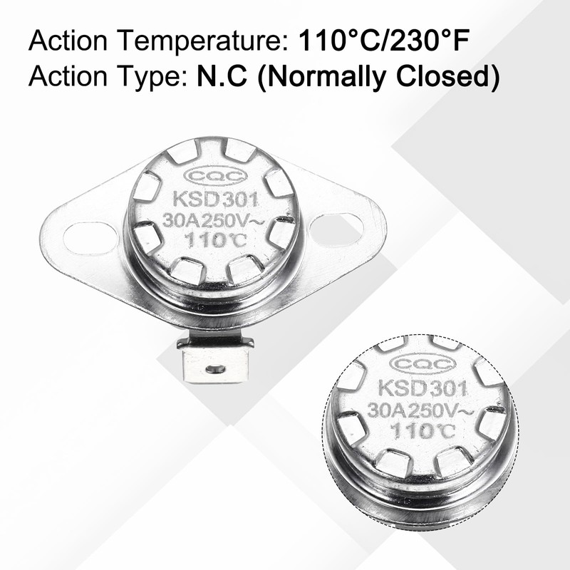 uxcell 2 Pcs KSD301 Thermostat 110°C/230°F 30A Normally Closed N.C