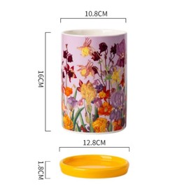 WAIT FLY Floral Porcelain Kitchen Utensil Holder with Bottom Flatware Storage Organizer Utensil Crock for Countertop Kitchen Counter Decor-Purple