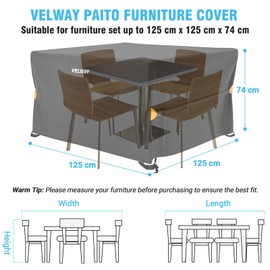 Velway Rattan Garden Furniture Covers: Waterproof 125x125x74cm Outdoor Table Cover with Air Vent Anti-UV Windproof for Patio Cube Dining Set Square - Black
