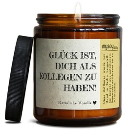 GLÜCKLICHT Duftkerze mit Spruch für Kollegen | Handgemacht aus Sojawachs | In Geschenkbox | Nachhaltiges Geburtstagsgeschenk für Arbeitskollege Mitarbeiter Chef Kollegin |Vanille