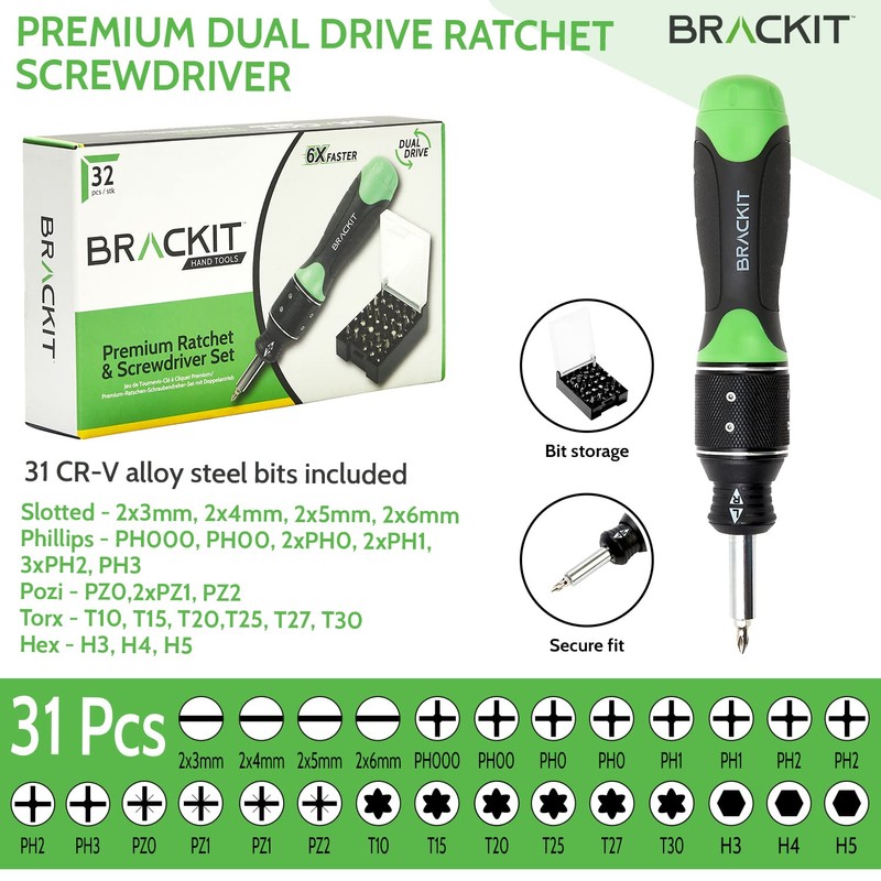Brackit Premium 2 in 1 Ratchet and Screwdriver with Bits