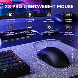 ATTACK SHARK X8PRO 55g Ultralight Wireless Gaming Mouse with Coiled Cable, Medium/Large Hands, 8K Polling Rate, Tri-Mode 2.4G/Wied/BT, 500mAh, 40,000DPI, Optical Sensor PAW3395 - Black
