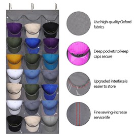 Dofilachy Hat Rack - Hat Organizer - Hat Racks for Baseball Caps, Visible Hat Holder - Baseball Cap Rack for Wall Door with 3 Hooks, 24 Deep Pockets (Dark grey, 1 pack)