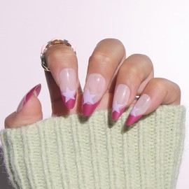 24PCS Medium Press on Nails Almond Fake Nails Red French Nail and Big Star Pattern Acrylic False Nail Design Full Cover Stick on Nails Glue on Nails for Women and Girls DIY