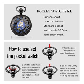 MICGIGI - Unisex Pocket Watch with Chain Analogue Hand Winding Numerals Retro Hollow Mechanical Pocket Watches, Vintage