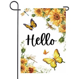 Summer Sunflower Garden Flag 12x18 Inch Double Sided, Hello Spring Butterfly Dragonfly for Outside Yard Decoration