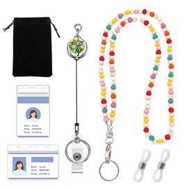 MIUXRZ Retractable Lanyards for ID Badges & Keys, Colorful Beaded Lanyards for Women Cute Teacher Lanyard with Id Holder, Retractable Lanyard Badge Reel Keys Eyeglass Chains for Women Gift