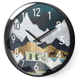 Digital Wall Clock Silent Non-Ticking Battery Operated Wall Clock with LCD Display Calendar Temperature Elk Mountain Pattern Wall Clock Decorative for Living Room Bedroom Home Office Kitchen 14inch