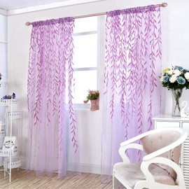 Ufurty 2 Pieces Willow Leaf Window Curtain Voile Tulle Room Salix Leaf Sheer Vine Curtain Voile Panel Drapes Curtain Purple Willow Leaf Curtain for Living Room, Bedroom, Balcony