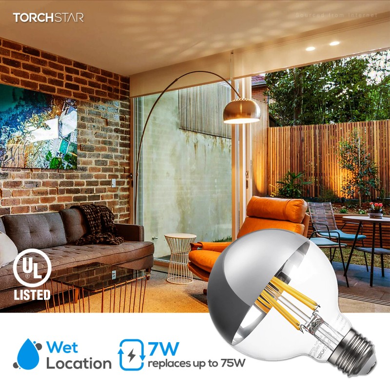 TorchStar 7W Dimmable G25 Half Chrome LED Light Bulb, UL