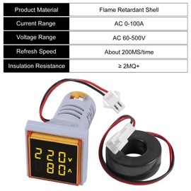 Aitiao 2pcs AC 60-500V 0-100A Digital Ammeter Voltmeter, 22mm Square LED Dual Display Voltage Gauge with Transformer, 110v 220v Voltage Tester Current Meter (Yellow)