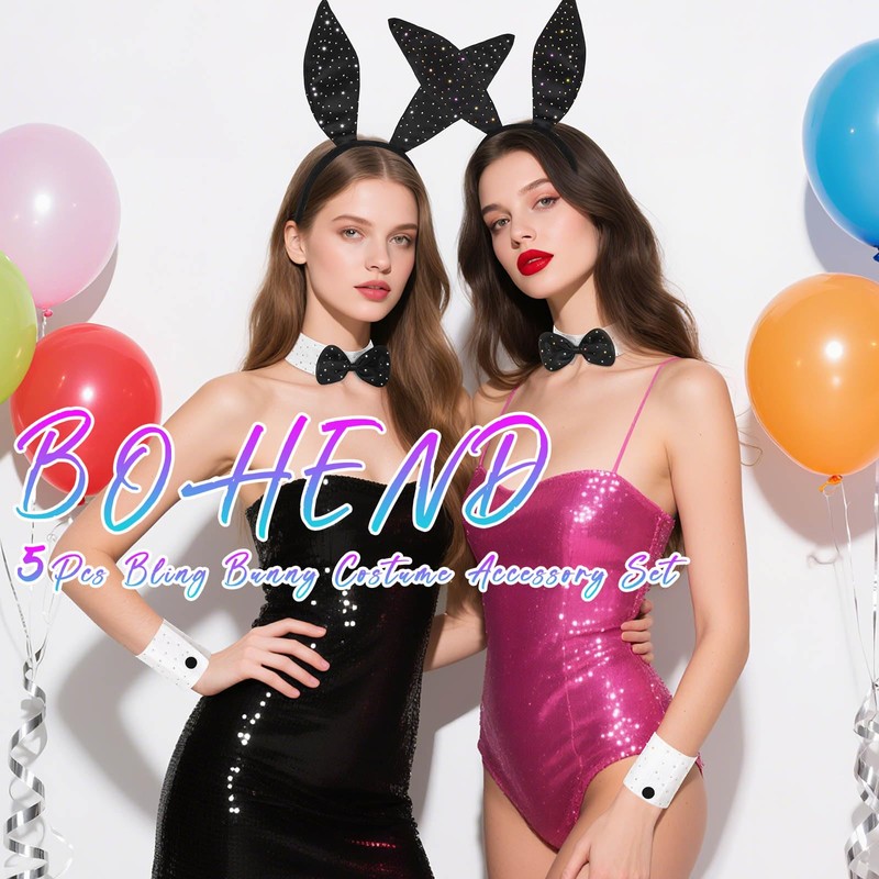 Bohend Rhinestone Bunny Costume Accessory Set - Black Ears Headband,