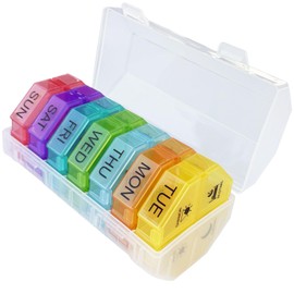Weekly Pill Organizer 4 Time a Day，Pill Dispensers， Pill Box 7 Day with 28 Extra Large Compartments Portable Travel ，4 Times a Day Pill Case , for Medication/Vitamins/Fish Oils/Supplements (Transparent color)