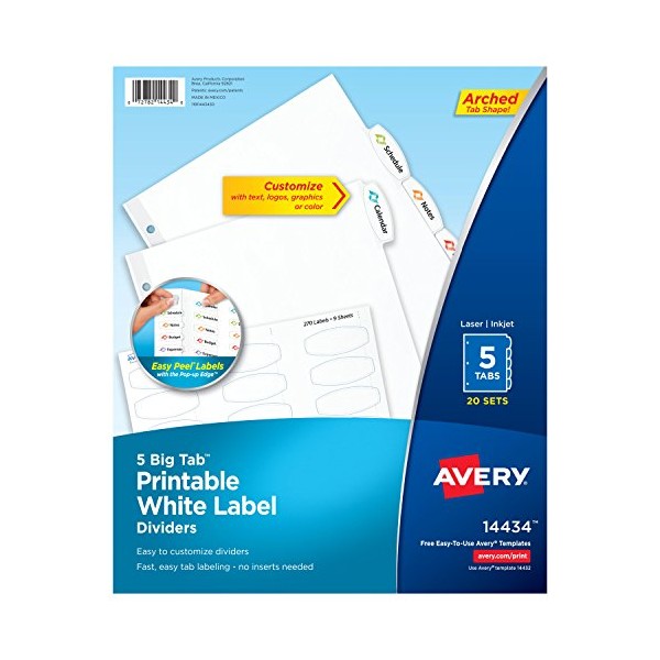 Avery Big Tab Printable White Label Dividers with Easy Peel, 5 Tabs, 20 Sets (14434)