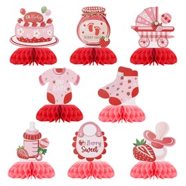 Strawberry Baby Shower Decorations, 8pcs 3D Strawberry Honeycomb Centerpieces Double-Sided Table Toppers Sweet Berry Baby Shower Decorations and Fruit Themed Party Favors Supplies
