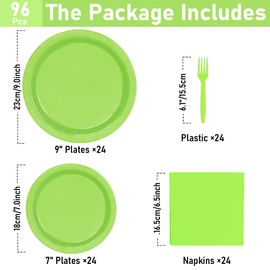 UVTQSSP 96 platos de fiesta, platos y servilletas de papel verde, juego de vajilla desechable, suministros de fiesta para niños, cumpleaños, baby shower, boda, picnic, servir para 24 invitados