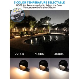 LEONLITE 3CCT LED Low Voltage Deck Lights, 180LM 3.74inch Landscape Step Railing Fence Light, 12-36V AC/DC, Die-cast Aluminum Housing & Frosted Glass Lens, UL Cord, Black, 2700K/3000K/4000K, Pack of 6
