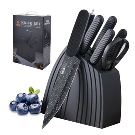 Kitchen Knife Set, 8-Pieces Knife Set with Block and Sharpener, Sharp Stainless Steel Chef Knife Block Set, Knives Set for Kitchen Home Apartment Dormitory, Gifts for Mom Women (Black)