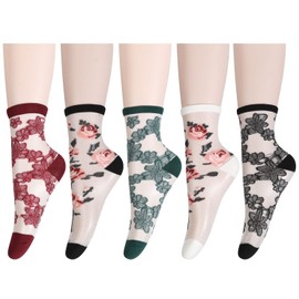 Benefeet Sox 5 Pairs Sheer Socks Thin Mesh Lace Sock for Women Transparent See Through Ankle Colorful Nylon Floral Patterned Jacquard Crystal Glass Flower Retro Fashion Crew Socks