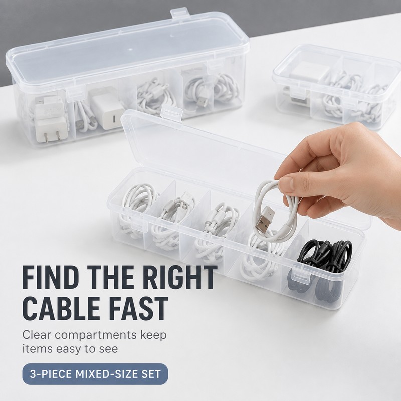 3-Pack Transparent Cable Organizer Storage Boxes with Lids and Dividers