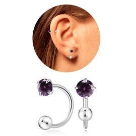 VDKIDKT Tiny 3mm Birthstone Earrings for Women Teen Girls Small Huggie Half Hoop Earrings Tiny Cartilage Hypoallergenic Stud Screw Earrings (Silver, 2.Feb-Amethyst)