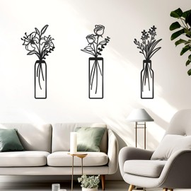 KOYILTD 3 Pcs Large Black Metal Flowers and Vases Wall Decor Farmhouse Metal Flowers Wall Art Minimalist Art Flower Arrangement for Living Room Bedroom or Kitchen (Black, Floral C)