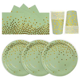 72 Piece Birthday Party Tableware Set, Sage Green Gold Birthday Party Tableware Cups Napkin Paper Plates Set for Girls Children Table Decoration 24 Guests