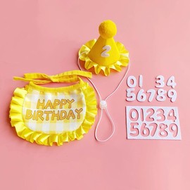 Adopet Pet Party Hat & Bandana Set – Charming Costume with Ruffled Bib and Number Patches – Cute Outfit for Cats and Small Dogs on Their Special Day (Yellow)