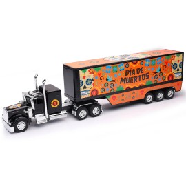 DCD Kenworth W900 Truck 1/32 Diecast Model by New Ray Black 'Dia De Muertos' Graphics Dry Van Trailer for Truck Toy Collectors