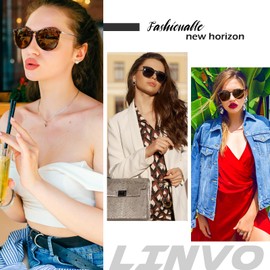 LINVO Women's Polarised Sunglasses Retro Round Vintage Designer Style UV400 Protection, 1 glossy black frame ice blue lens