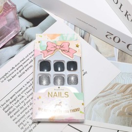 Allereya Short Coffin Toenails Black Glitter Fake Toenails Punk Glitter Clip On Toenails Full Cover Acrylic Toenails Tips for Women and Girls Pack of 24 (Black)