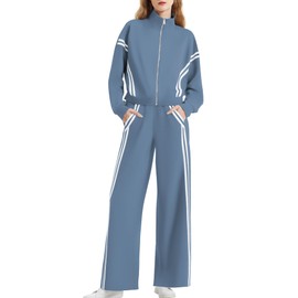Casly Lamiit 2 Piece Sets for Women 2024 Trendy Fall Outfits Contrast Stripe Long Sleeve Sweatshirt Sweatpants Matching Suit Lounge Travel Athletic Clothing Sets Grey Blue XL