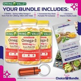 Spring Valley Proactive Support Omega-3 Fish Oil Soft Gels, 1000 mg, 180 Ct 3 pk Choice Bundle (540 Total) + Vitamin Guide and Pill Container (5 Items)!