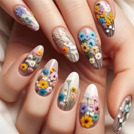 Colorful Daisy Press on Nails Long Almond False Nails Spring Summer Flower Glue on Nails Glossy Acrylic Artificial Nails for Women