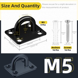 Mardatt 4 Pack M5 304 Stainless Steel Pad Eye Plate U Hooks, Marine Hardware Hooks with Screws Anchors, Heavy Duty Ceiling Hooks Pad Eyes Plate, Black