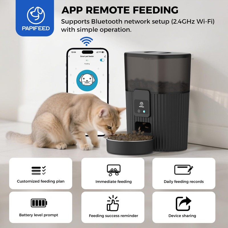 PAPIFEED Automatic Cat Feeder 3.5L/15 Cup 2.4G WiFi Pet Feeder