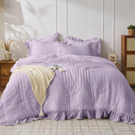 JOLLYVOGUE Lavender King Comforter Set, 3 Pieces Seersucker Comforters King Size, Lightweight & Fluffy Bedding Sets King for All Season with 1 Ruffle Comforter and 2 Ruffle Pillowshams