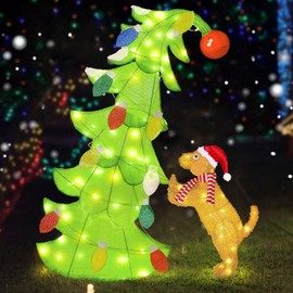 36 Inches Whimsical Christmas Tree Lighted Decoration Green Big Monster Christmas Outdoor Decor with Plush Dog Lime Green Tree Indoor Outdoor Holiday Garden Yard Lawn Decor