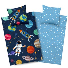 Aminata kids Space Bed Linen 135 x 200 cm Space Motif Children's Reversible Set Boys Rocket Cotton Space Motif with Astronaut YKK Zip Blue