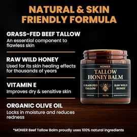 MONIER Bálsamo de sebo y miel para rostro, sebo de res para la piel, humectante con sebo de res 100% orgánico de ganado alimentado con pasto y miel si