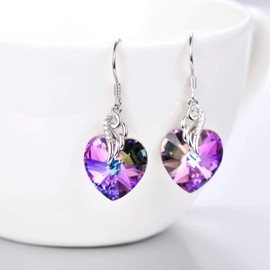 Love Heart Earrings 925 Sterling Silver Angel Wing Dangle Drop Earrings with Purple Crystals, Birthday Anniversary Jewellery Gifts for Her Wife Women