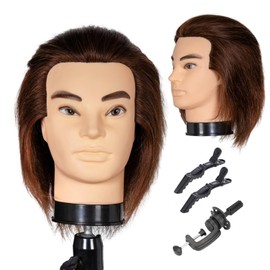 Male Mannequin Head with Human Hair 12'' Barber Mannequin Head 100% Training Head for Hair Cutting Styling Practice Head for Hairdresser with Clamp Stand (Brown)