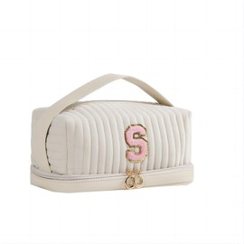 Ouksma Initial Makeup Bag Monogrammed Double Layer Cosmetic Bag Velvet Travel Toiletry Bag Large Cpacity Makeup Pouch Portable Makeup Organizer Cosmetic Brush Bag Case (P, White/Pink)