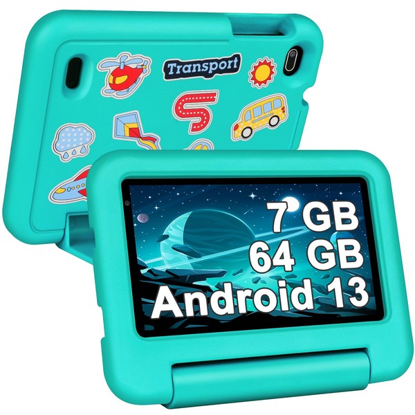 SEBBE Children's Tablet Android 13, 7GB RAM + 64GB ROM (1TB TF) Kids Tablet 7 Inch with Quad Core, Child Lock, WiFi, Bluetooth 5.0, 1024 x 600 Pixels, 3500 mAh, Tablet with Holster - Green