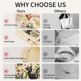 VADOO Canvas Tote Bag - with Zipper & Small Pouch, Cute Shoulder Bag for Women Reusable Large Tote Bag for Gym, College, Travel, Library, Shopping (Floral and Cat)