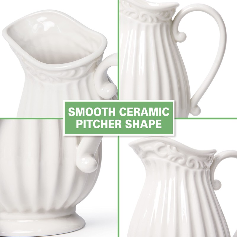D'vine Dev 10 Inch White Ceramic Pitcher Vase for Home