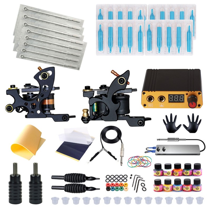 Tattoo Coil Liner Shader Machine 10 Color Inks Power Supplies